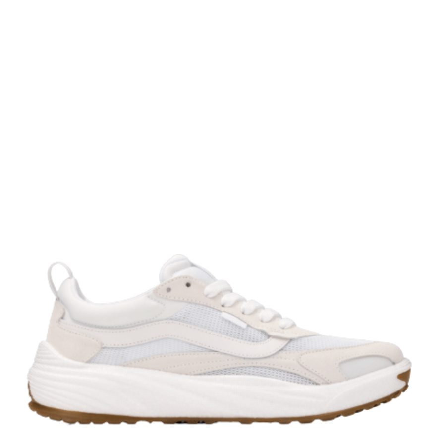 White vans ultrarange neo 2.0 sneaker with a brown sole on a white background