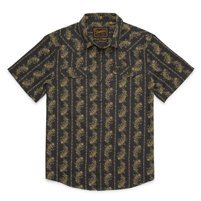 Holwer Brothers H Bar B Snapshirt grampa's curtains in a black with a gold floral design on a white background