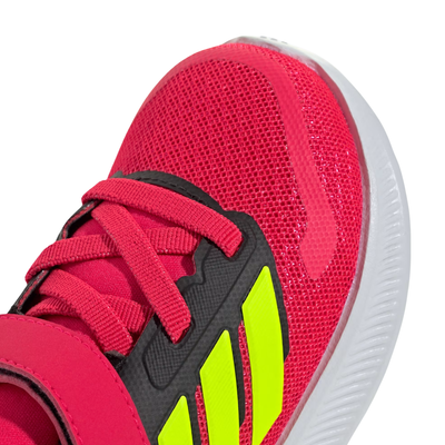 red and black Adidas runfalcon 5 kids elastic lace shoe with yellow stripes on a white background