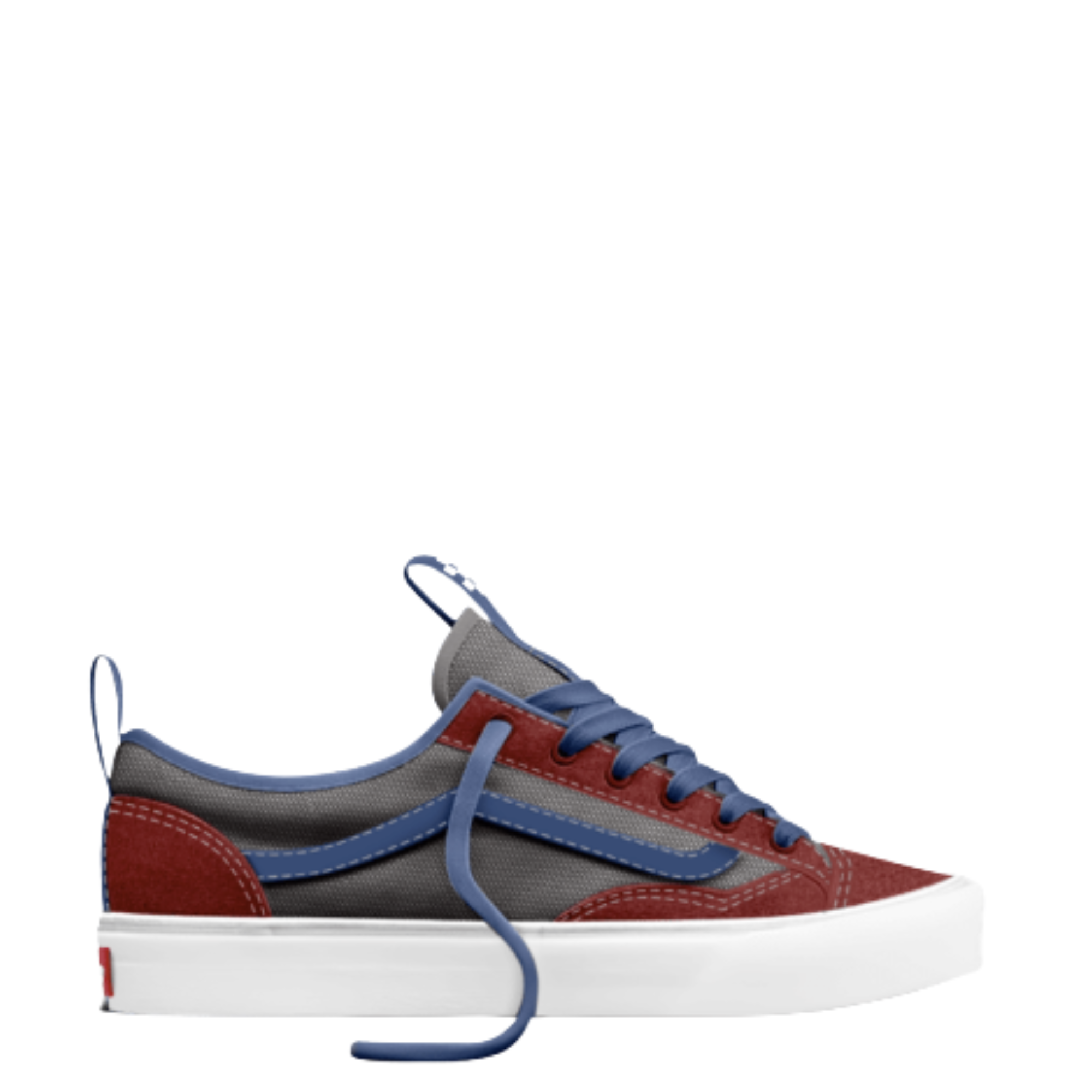 Multicolored vans big kids old skool 36+ sneaker with gray, red, and blue accents on a white background