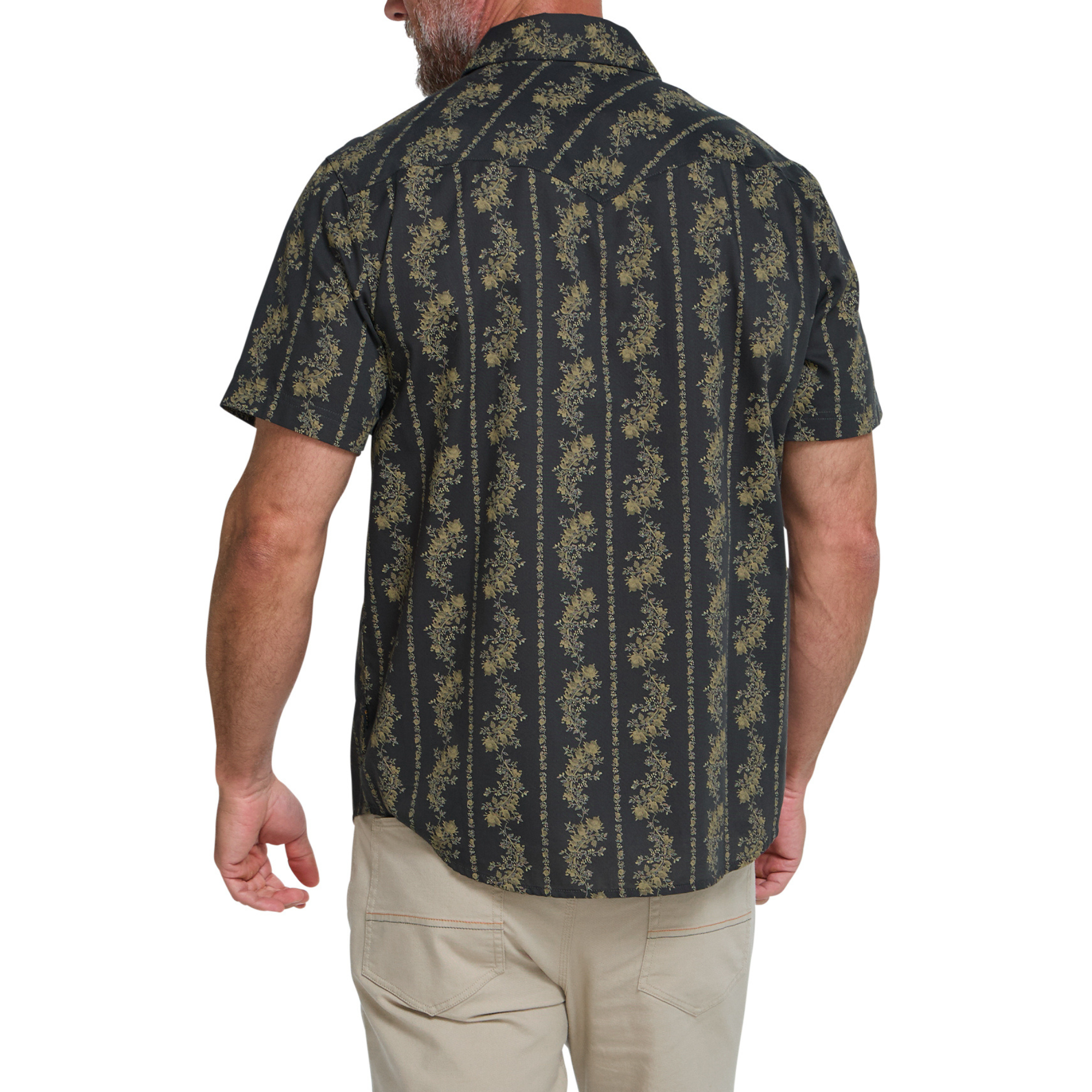 a mean from the back wearing a Holwer Brothers H Bar B Snapshirt grampa's curtains in a black with a gold floral design on a white background