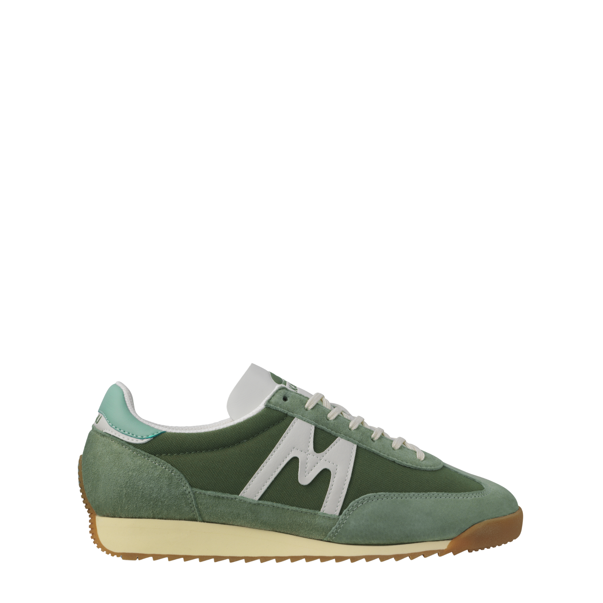 Green karhu flower pack mestari men's sneaker with a white 'M' logo on a white background