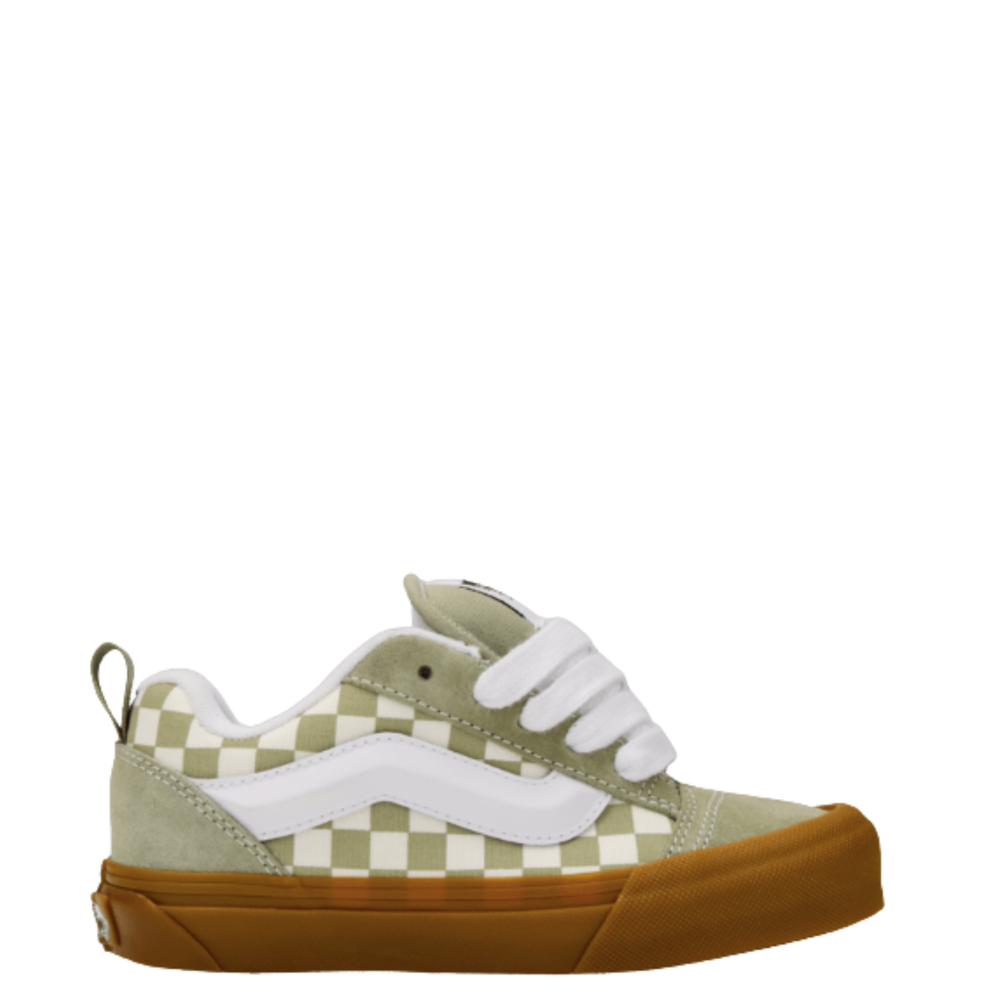green kid's vans knu skool Sneaker with checkered pattern and brown sole on a white background