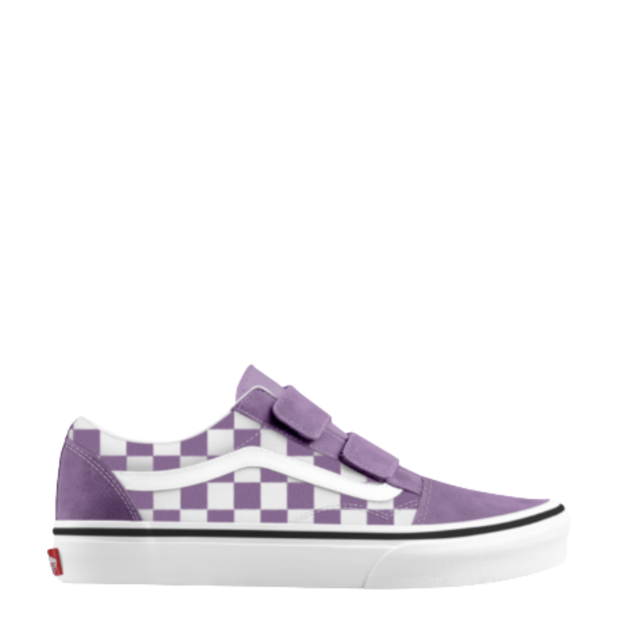 Purple and white vans little kids old skool v checkered slip-on shoe on a white background