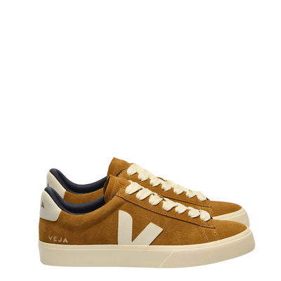 brown veja campo suede women's sneaker with off white laces, logo and sole on a white background