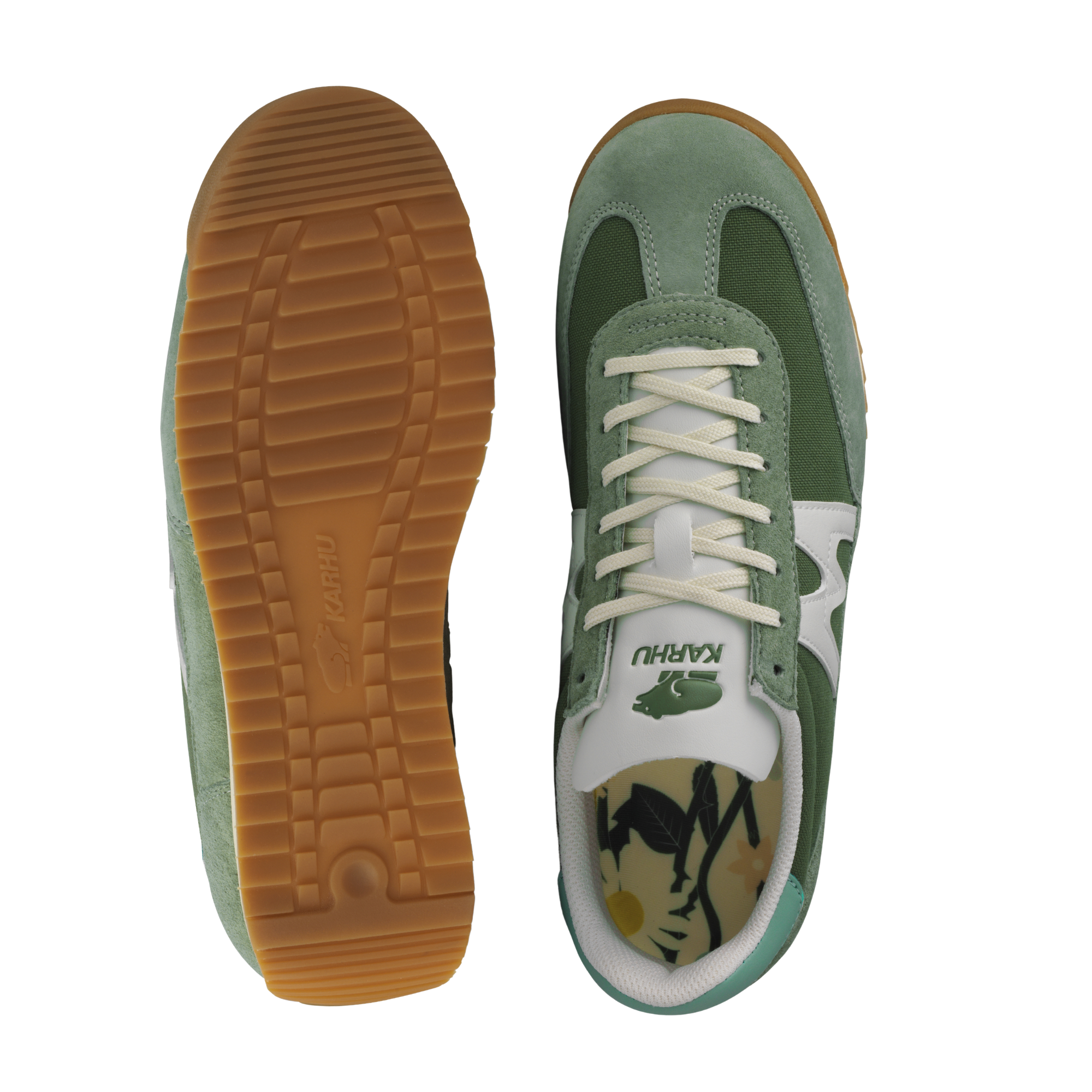 Green karhu flower pack mestari men's sneaker with a white 'M' logo on a white background