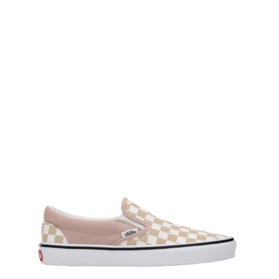 tan and off white vans classic slip on with pink mid sole and white sole on a white background 