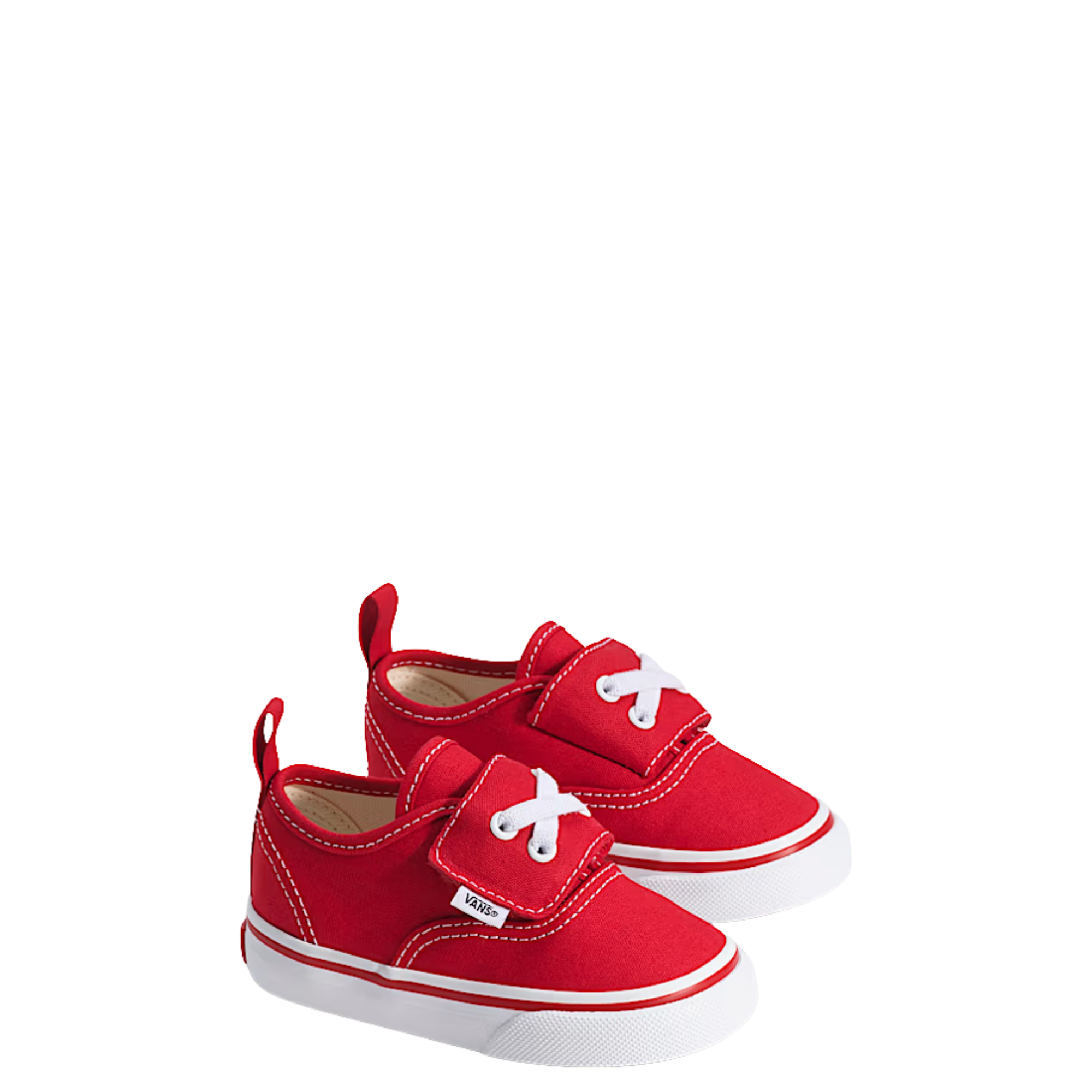 Red vans authentic elastic children's sneakers with white laces on a white background