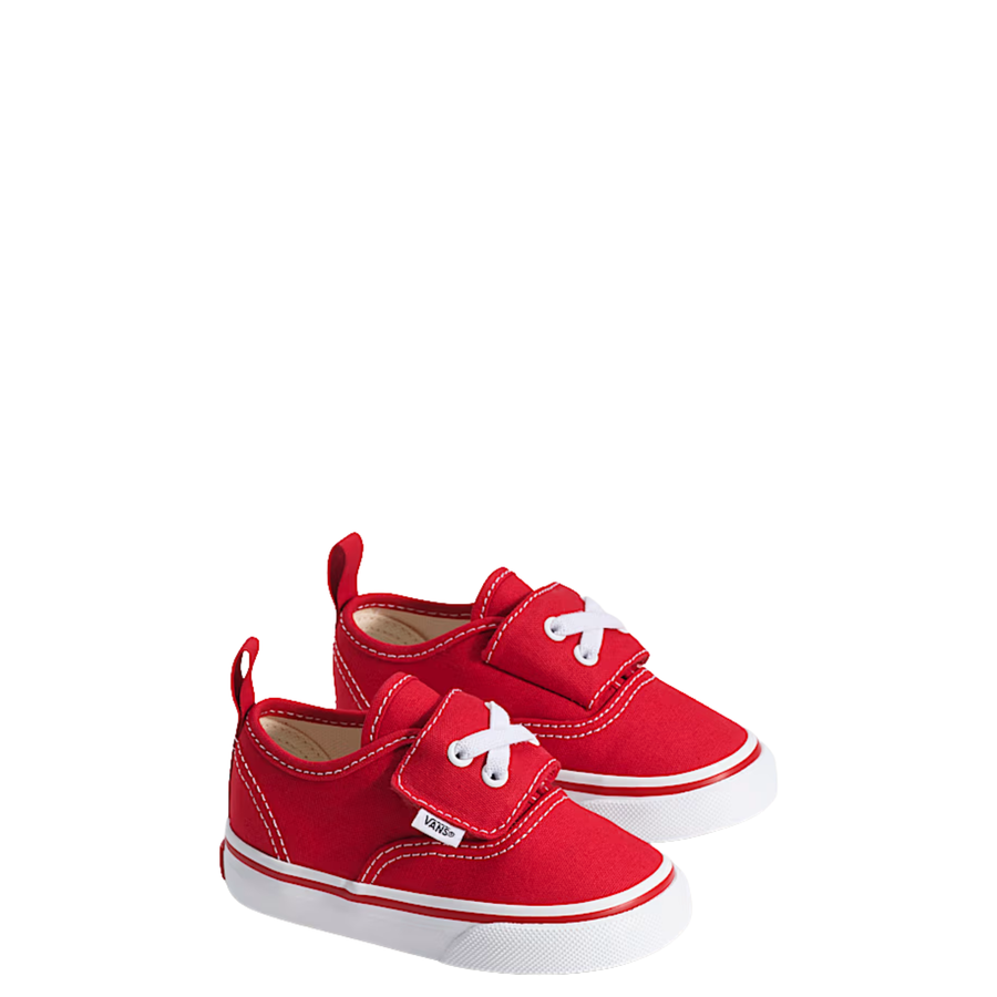 Red vans authentic elastic children's sneakers with white laces on a white background