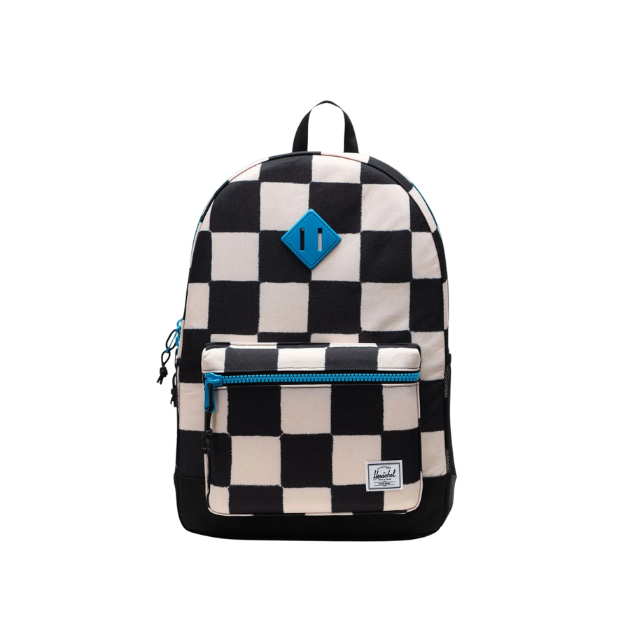 black and white checkerboard herschel youth backpack with blue accents on a white background