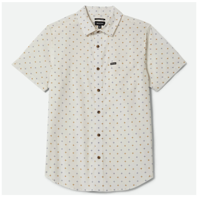 white brixton charter print short-sleeve shirt with a subtle pattern on a white background