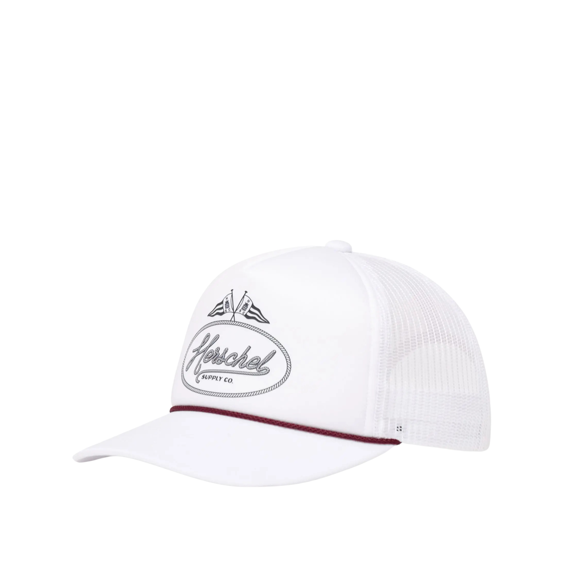 white herschel marina mesh cap hat on a white background