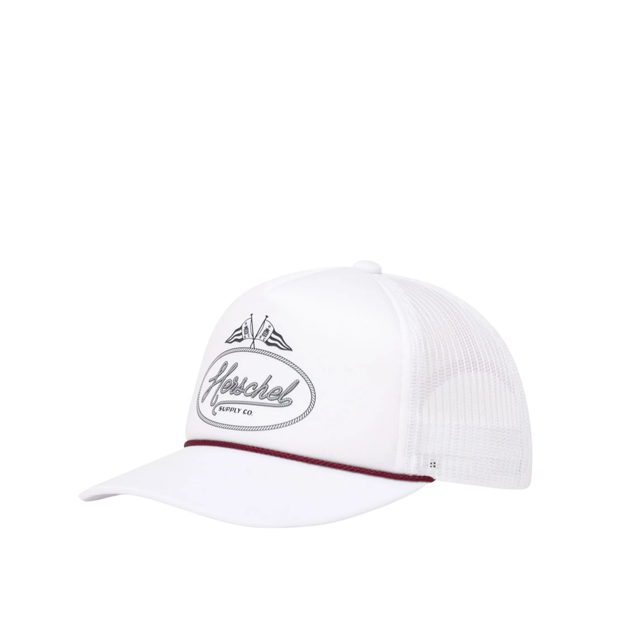 white herschel marina mesh cap hat on a white background