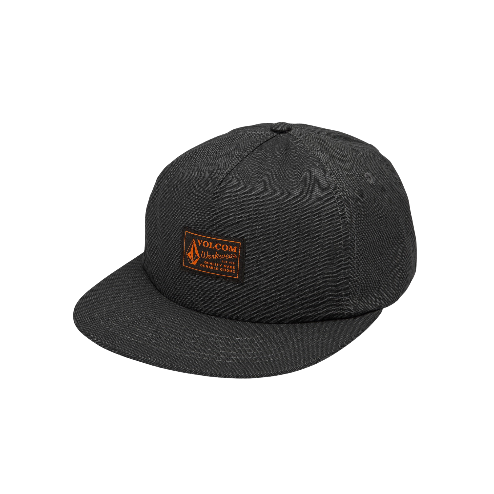 Black cap with a Volcom logo on a white background