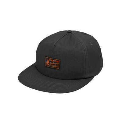 Black cap with a Volcom logo on a white background