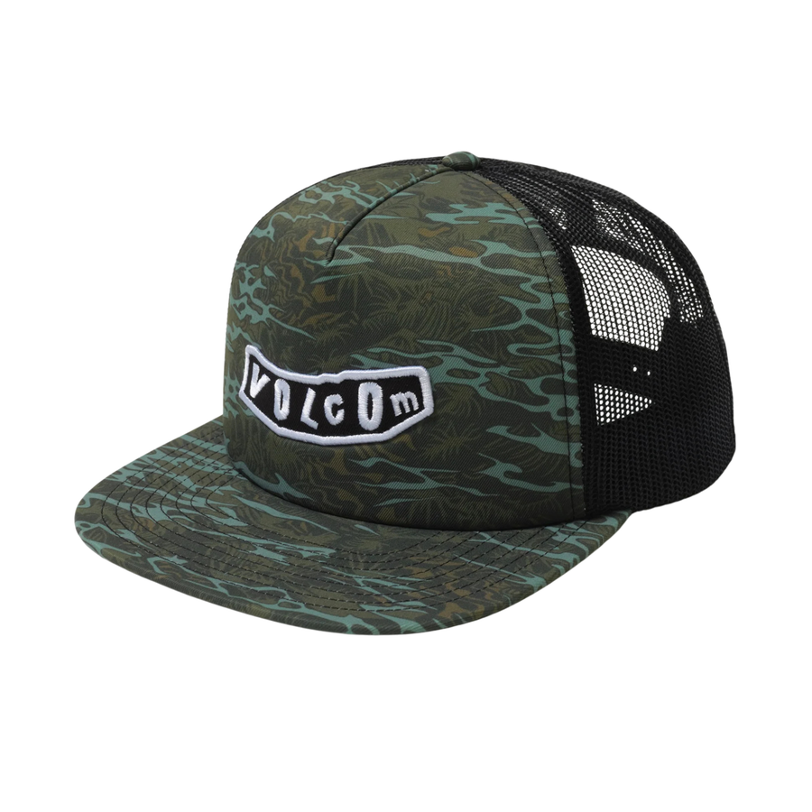 Volcom trucker hat featuring a green and black camouflage pattern on the front panel and flat brim, with a black mesh back and a white embroidered Volcom logo patch.