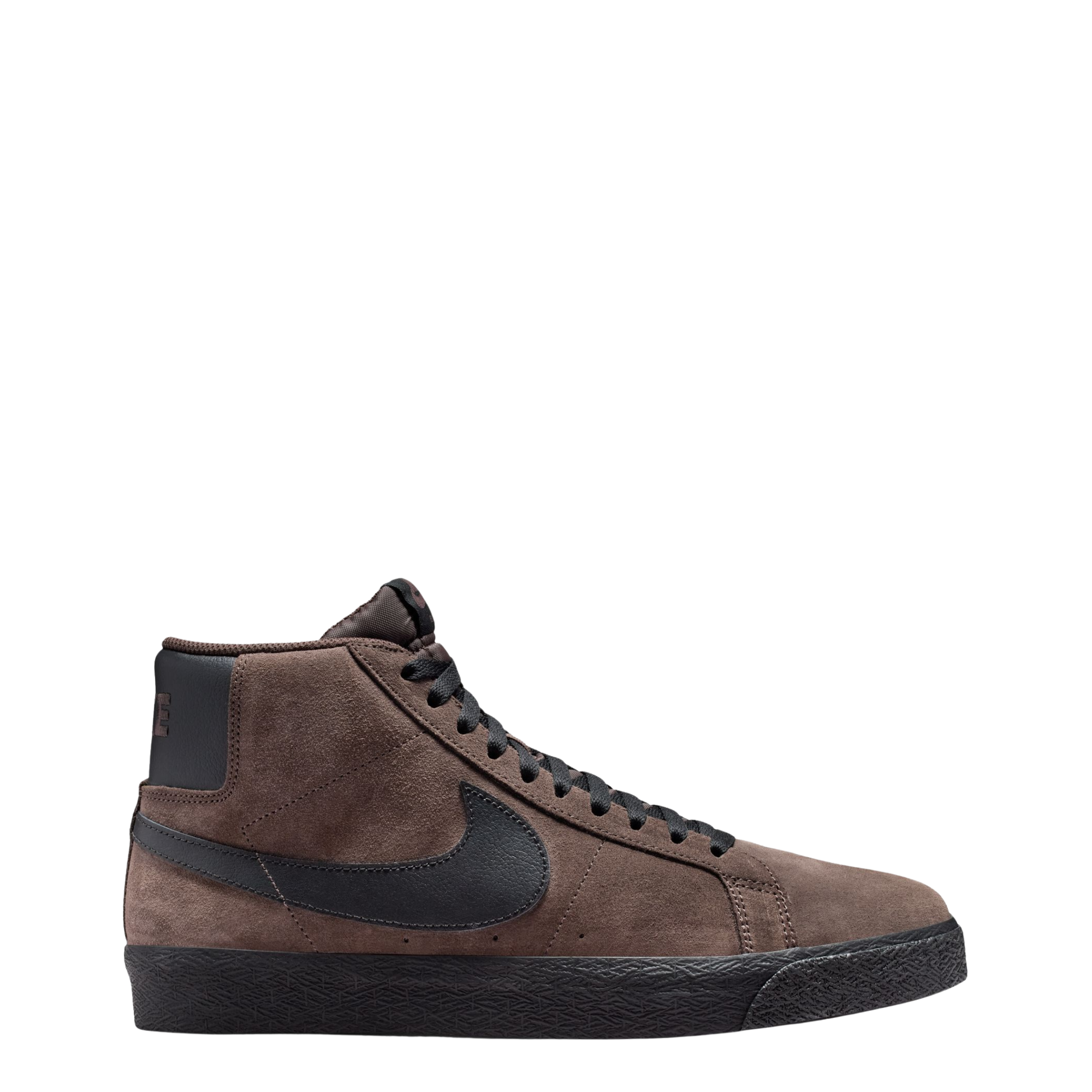 Brown mid-top nike sb blazer sneaker with black swoosh logo on a white background