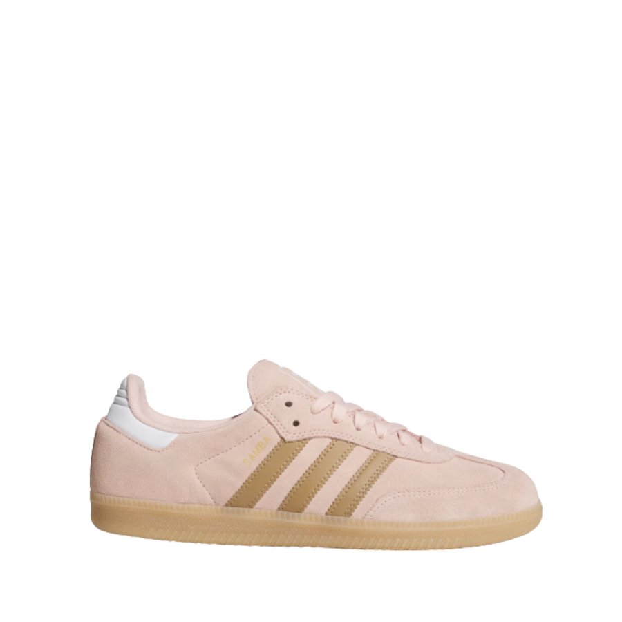 Pink Adidas samba adv sneaker with white stripes on a white background