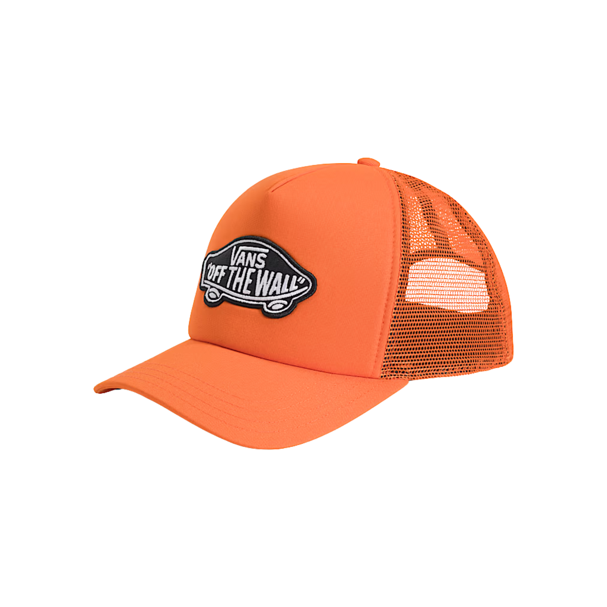 orange vans trucker hat with vans off the wall skateboard logo in black