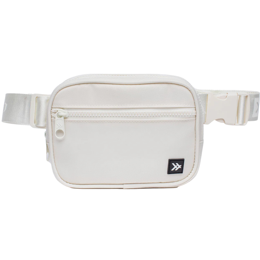 White thread waist bag with a small logo on a white background