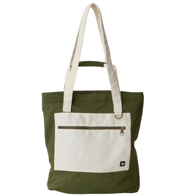 Green thread scout tote bag with a white pocket and strap on a white background