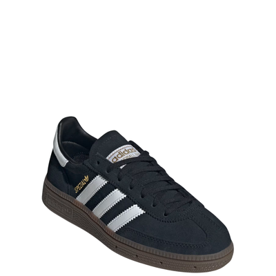 black samba handball espezial junior in black with white stripes and gum sole on a white background