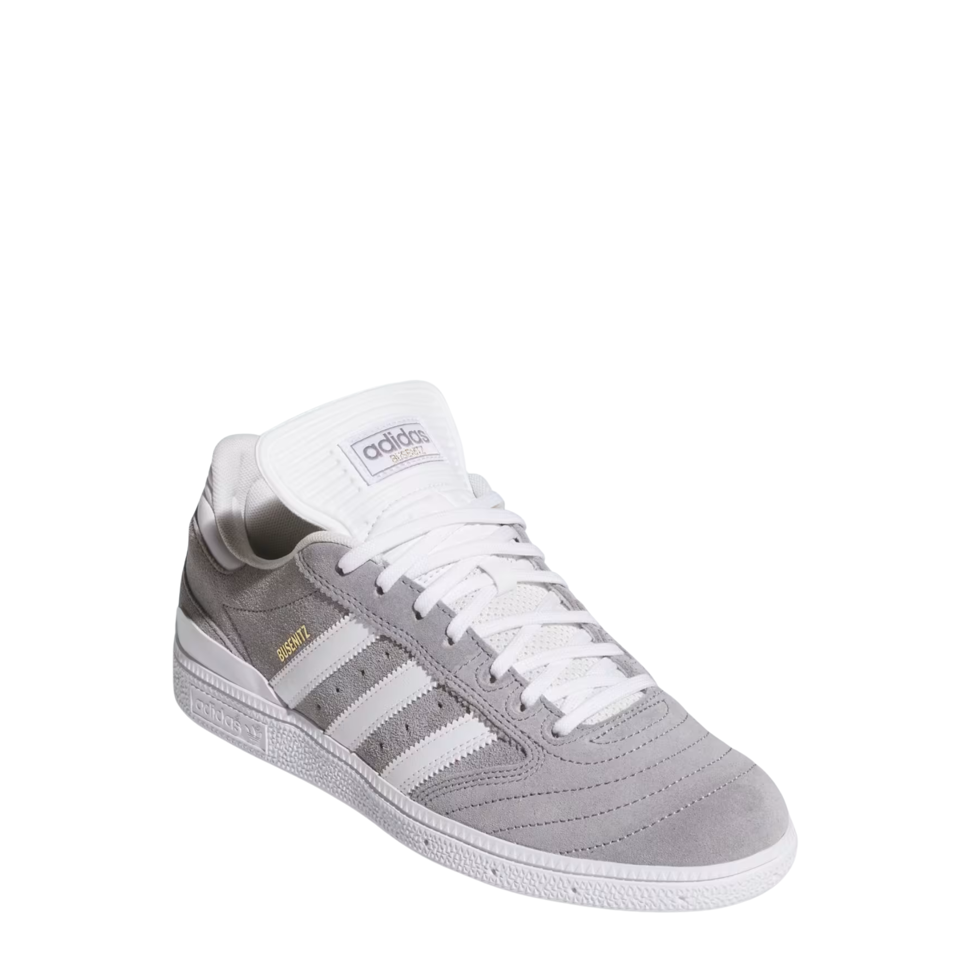 Gray Adidas busenitz skateboard sneaker with white stripes on a white background