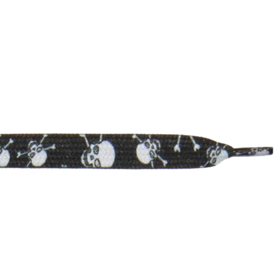 Black shoelace with white skull and crossbones pattern on a white background