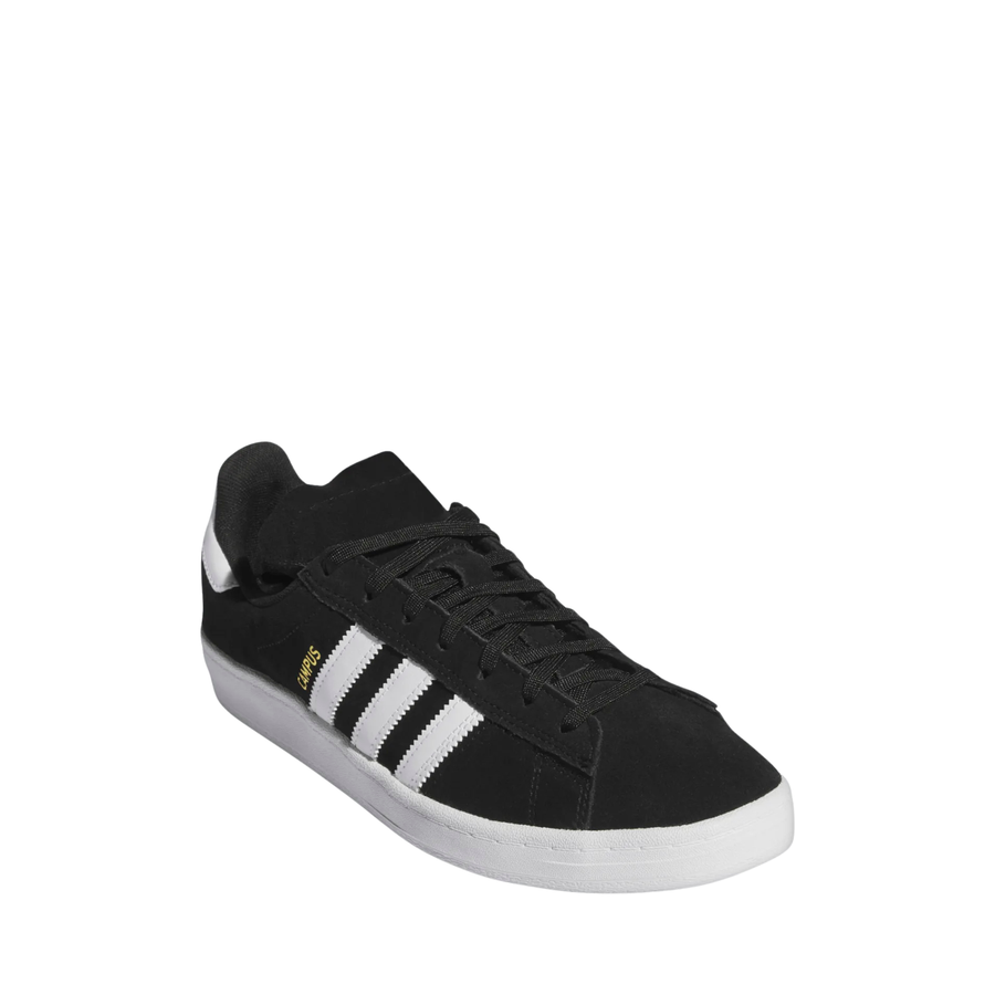 black and white adidas campus adv skateboard shoees on a white background