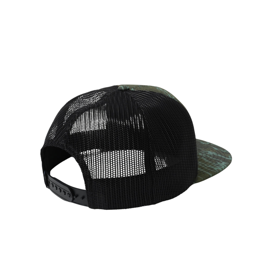 Volcom trucker hat featuring a green and black camouflage pattern on the front panel and flat brim, with a black mesh back and a white embroidered Volcom logo patch.