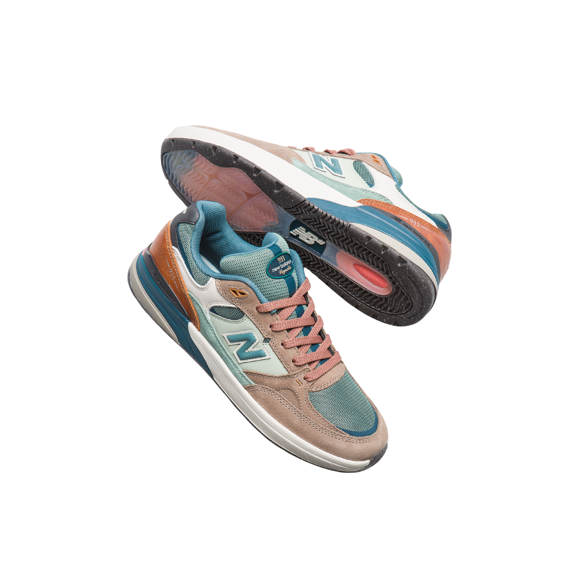 Multicolor brown and green new balance numeric 933 sneaker with 'N' logo on a white background