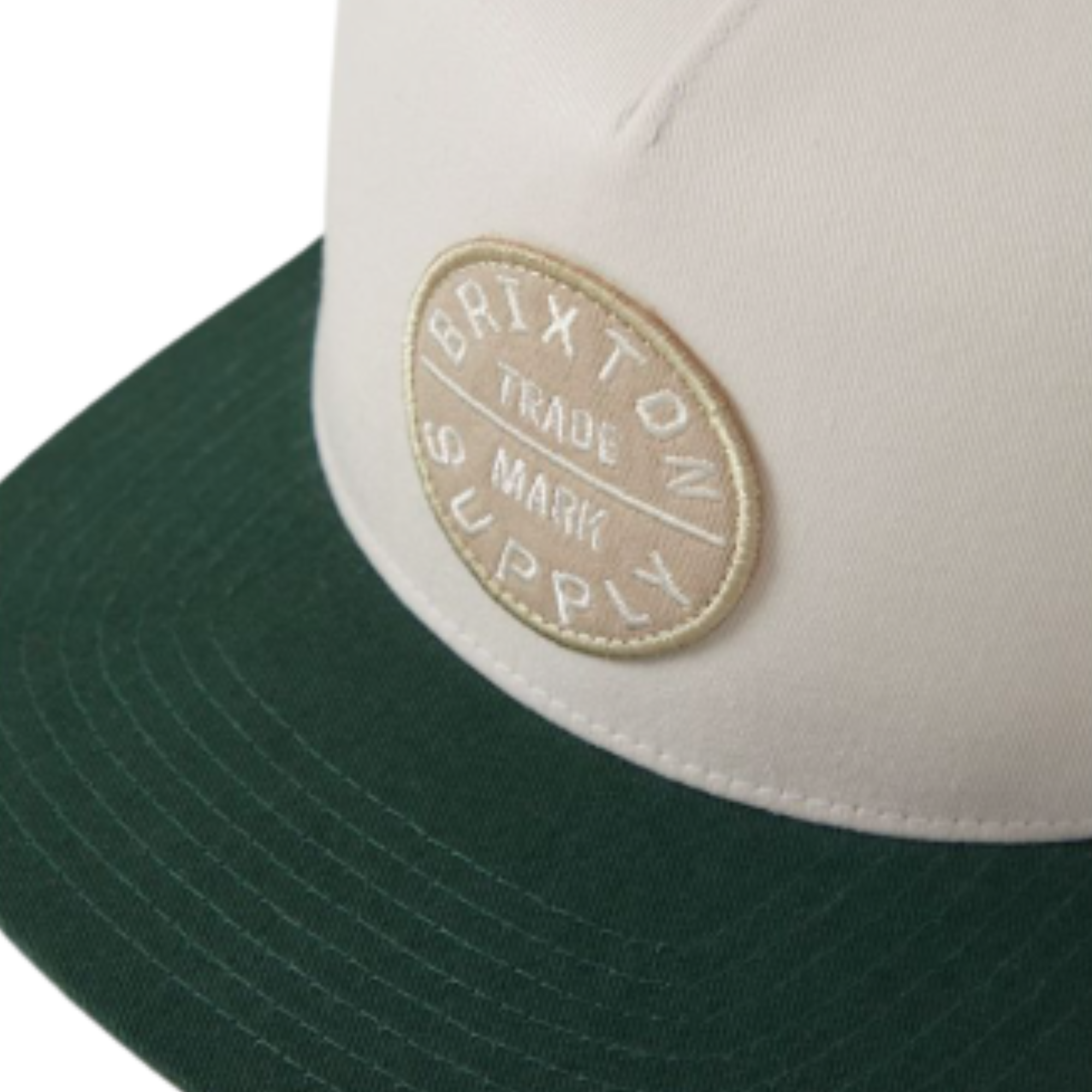 brixton oath Trucker hat with beige and green colors on a white background