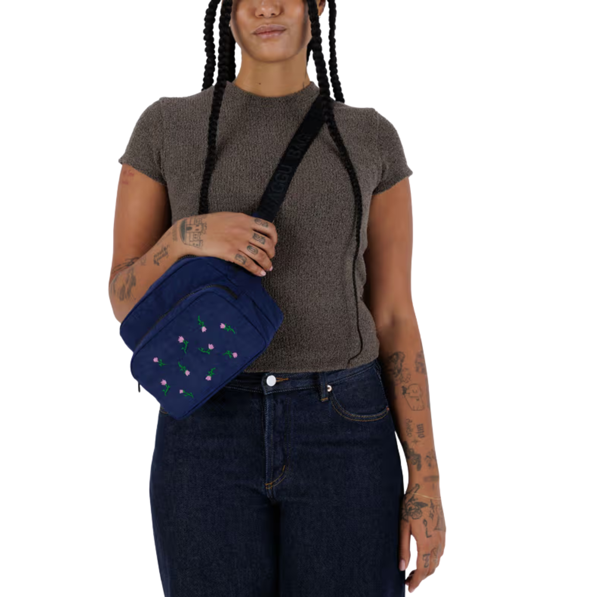Navy blue baggu fanny pack bag with floral embroidery on a white background