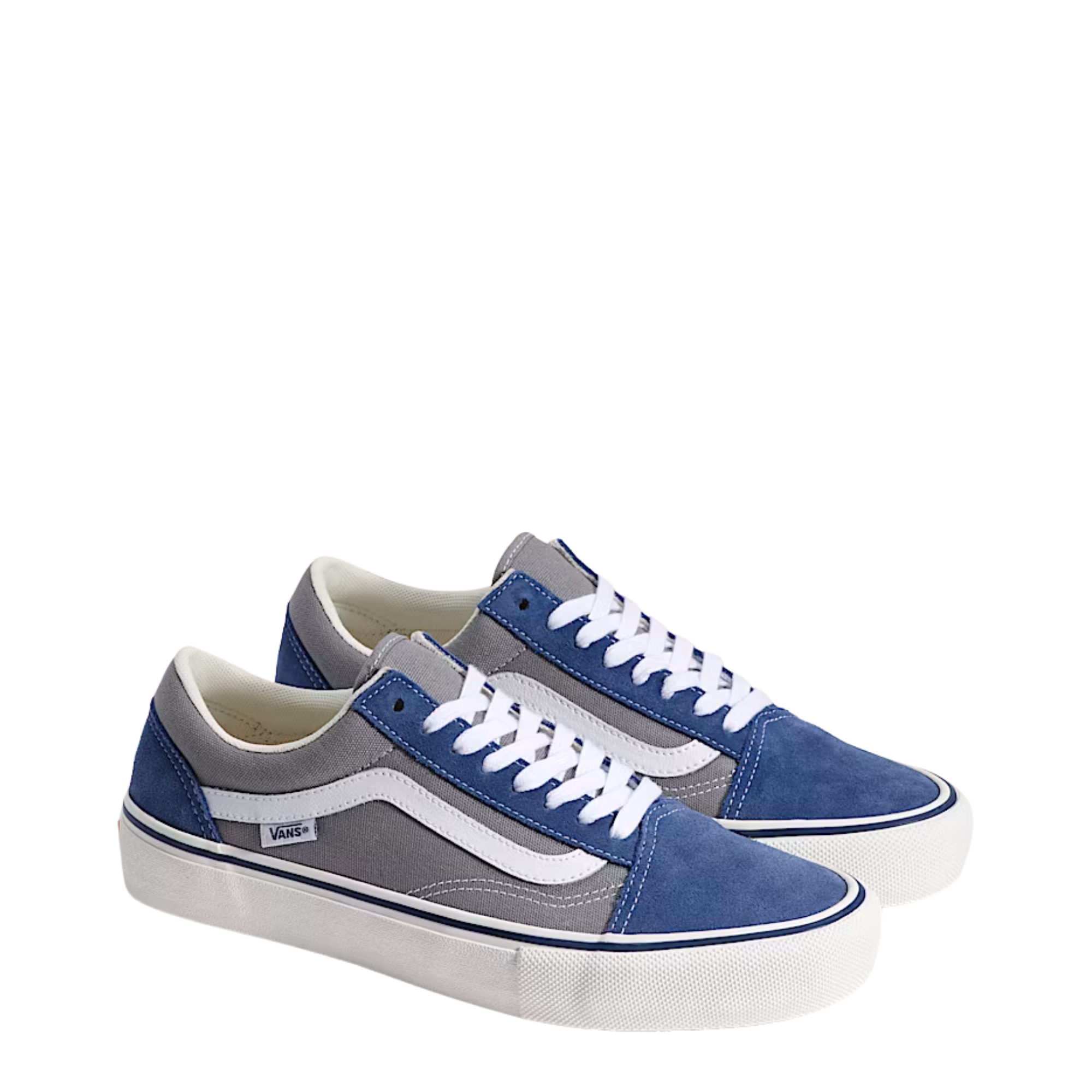 Gray and blue vans skate old skool sneaker with white accents on a white background