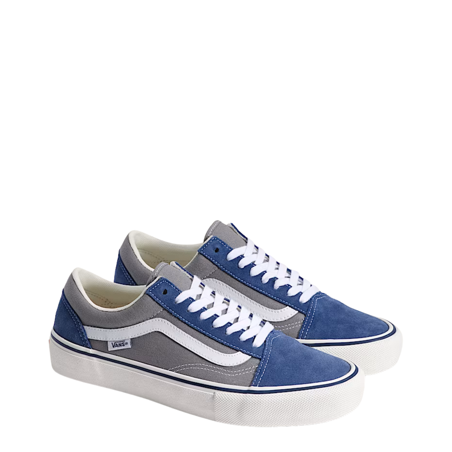 Gray and blue vans skate old skool sneaker with white accents on a white background