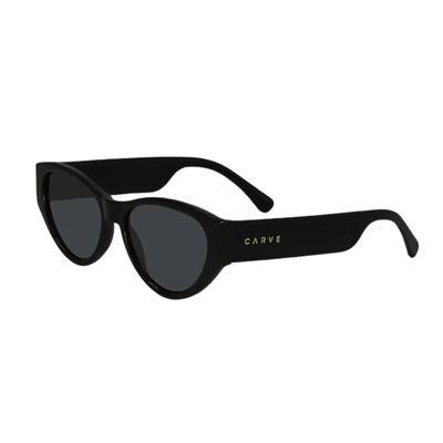 Black carve usa eyewear lulu sunglasses with dark gray lenses, shown from the front on a solid white background.