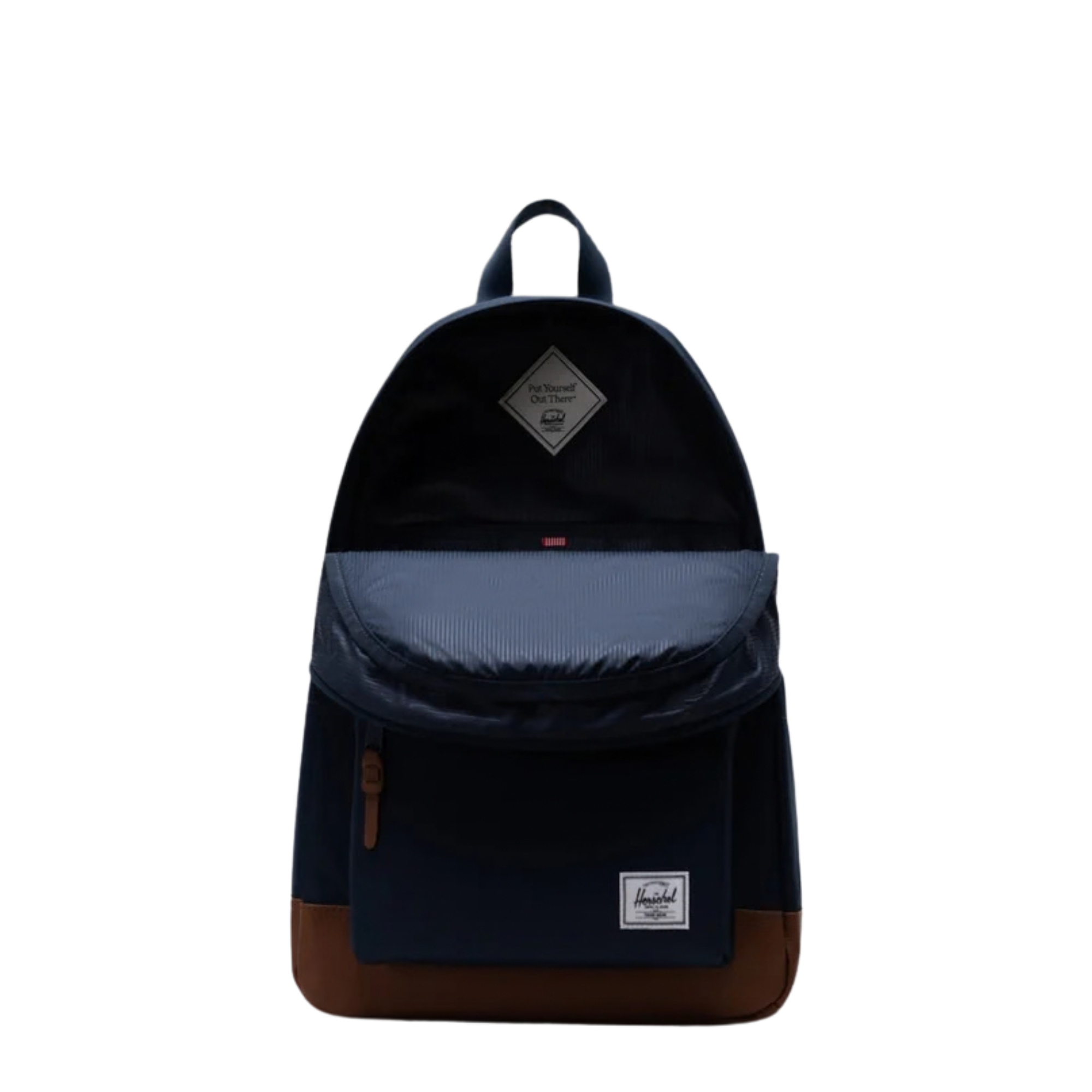 open Navy herschel heritage backpack with tan leather bottom and details on a white background