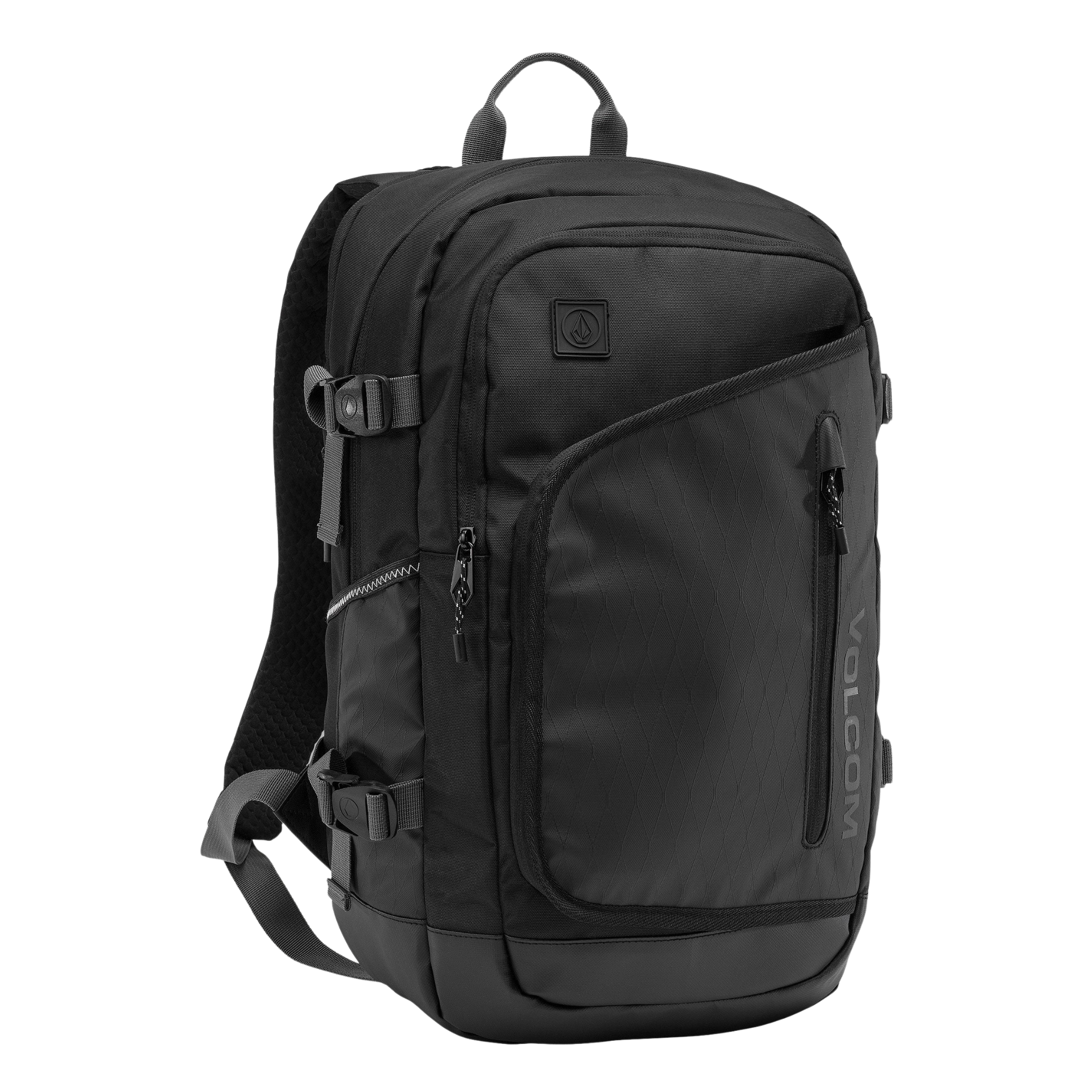 A black outdoor volcom short range backpack with multiple zippered compartments, side pockets, and adjustable straps, shown against a plain white background.