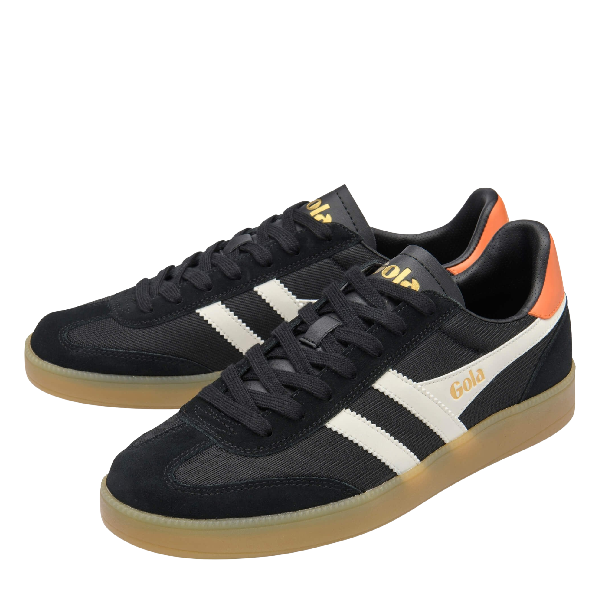 Black gola men's viper mesh sneaker with orange accents and white stripes on a white background