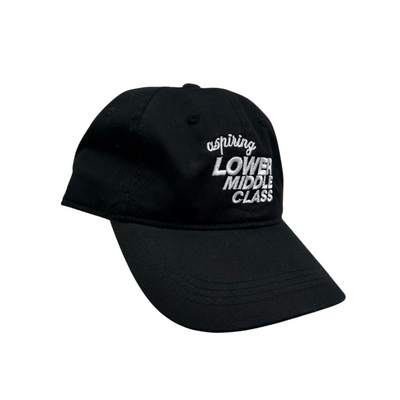 Black cap with white text reading aspiring lower middle class on a white background