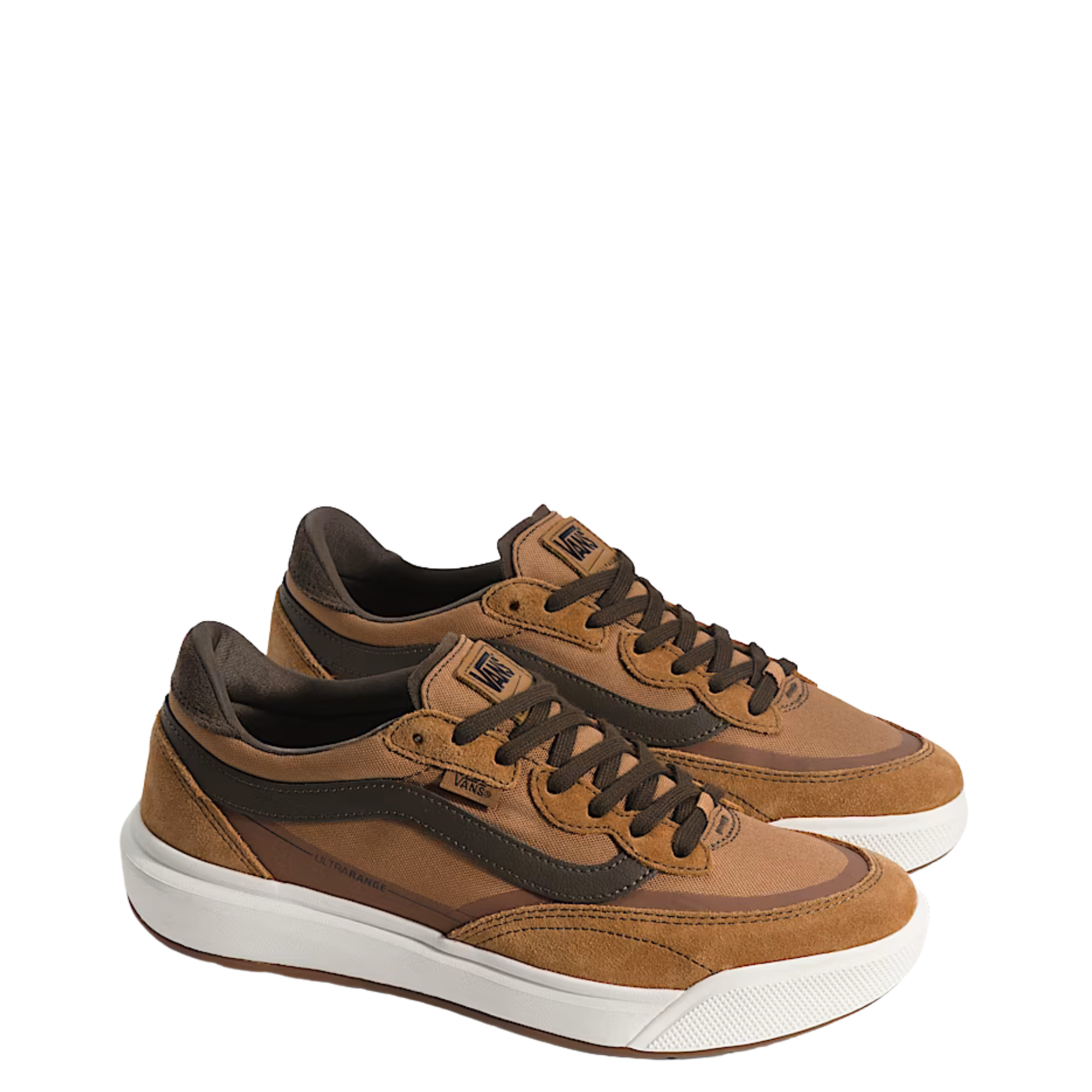 brown vans ultrarange se men's sneaker with white sole on a white background