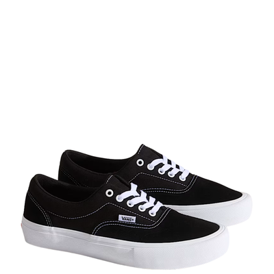 Black and white vans skate era sneaker with white laces on a white background