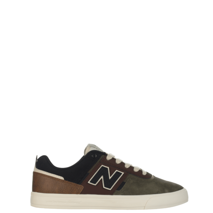 A New Balance Numeric 272 skateboard sneaker in dark brown suede and black leather with a brown leather heel tab, white laces, and a thick off-white rubber sole, shown from a side profile on a white background