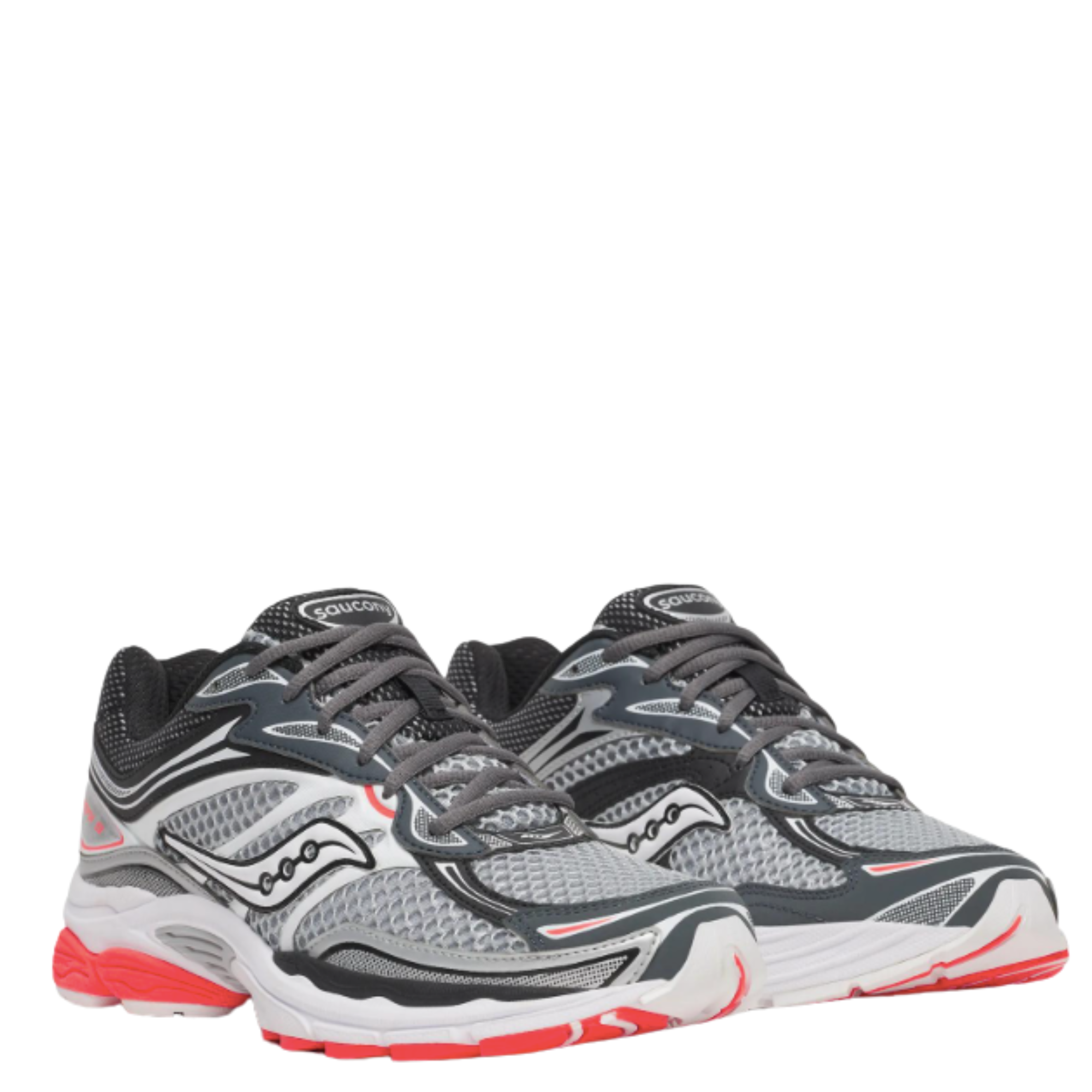 A pair of Saucony progrid omni 9 running shoes in gray, black, and white with bright red accents, on a plain white background.