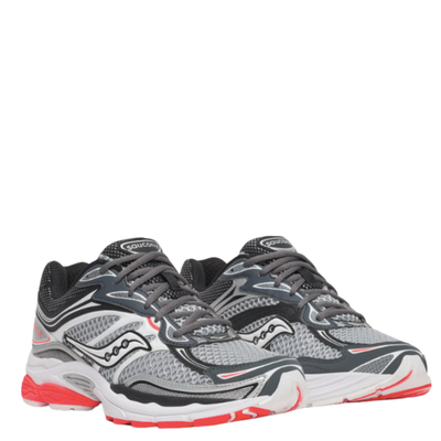 A pair of Saucony progrid omni 9 running shoes in gray, black, and white with bright red accents, on a plain white background.