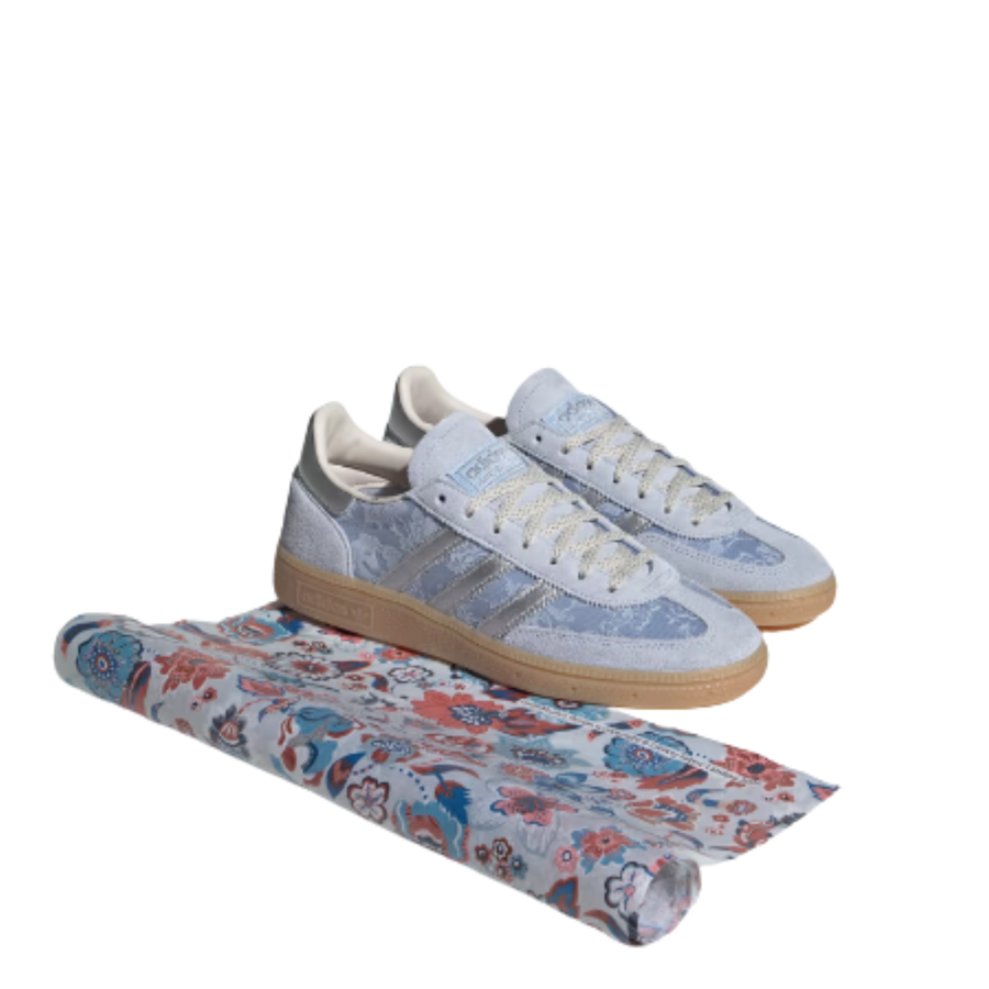 blue liberty london handball espezial Sneaker with lace pattern and Adidas logo on a white background