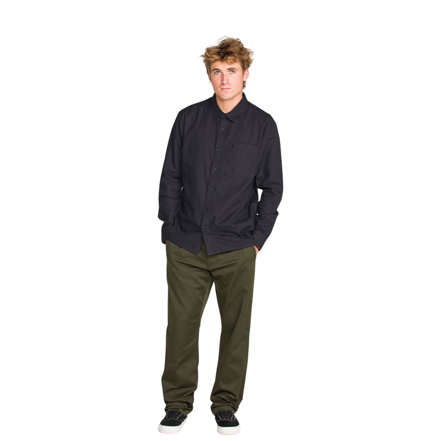 black long sleeve volcom button up shirt for men on a white background
