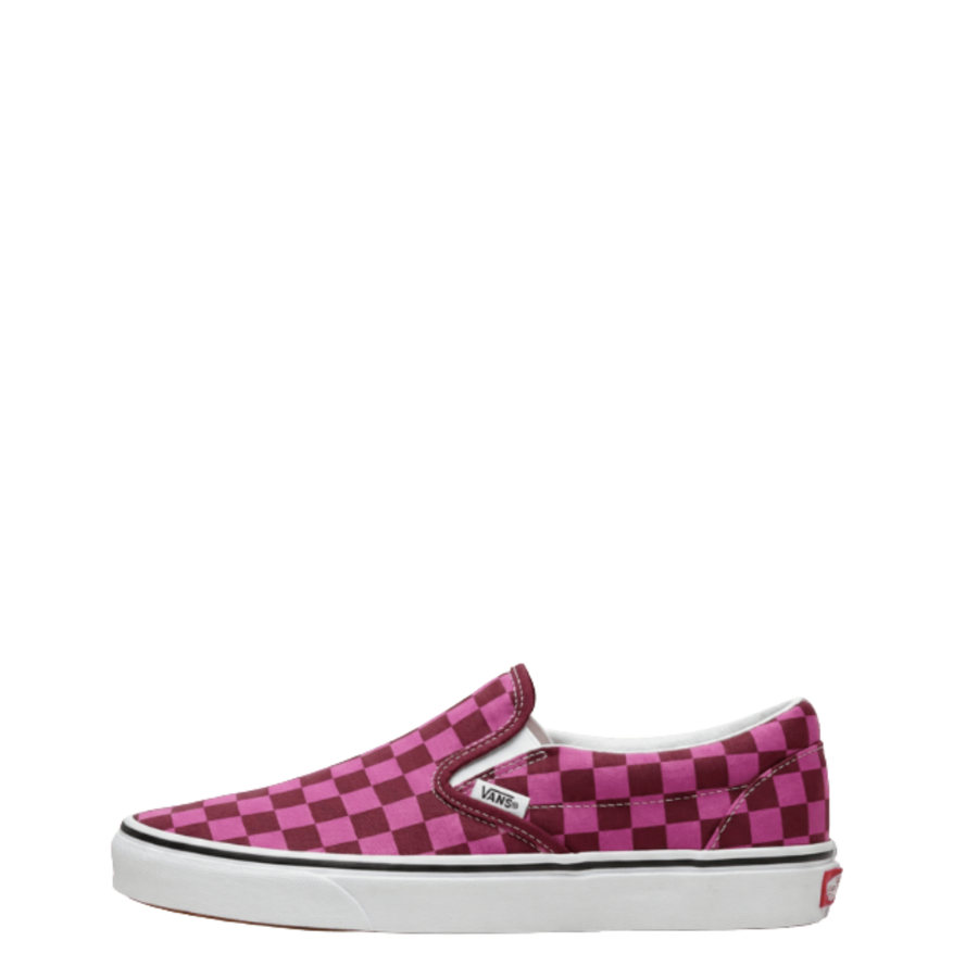 kids vans pink and red checkerboard slip-on shoe on a white background