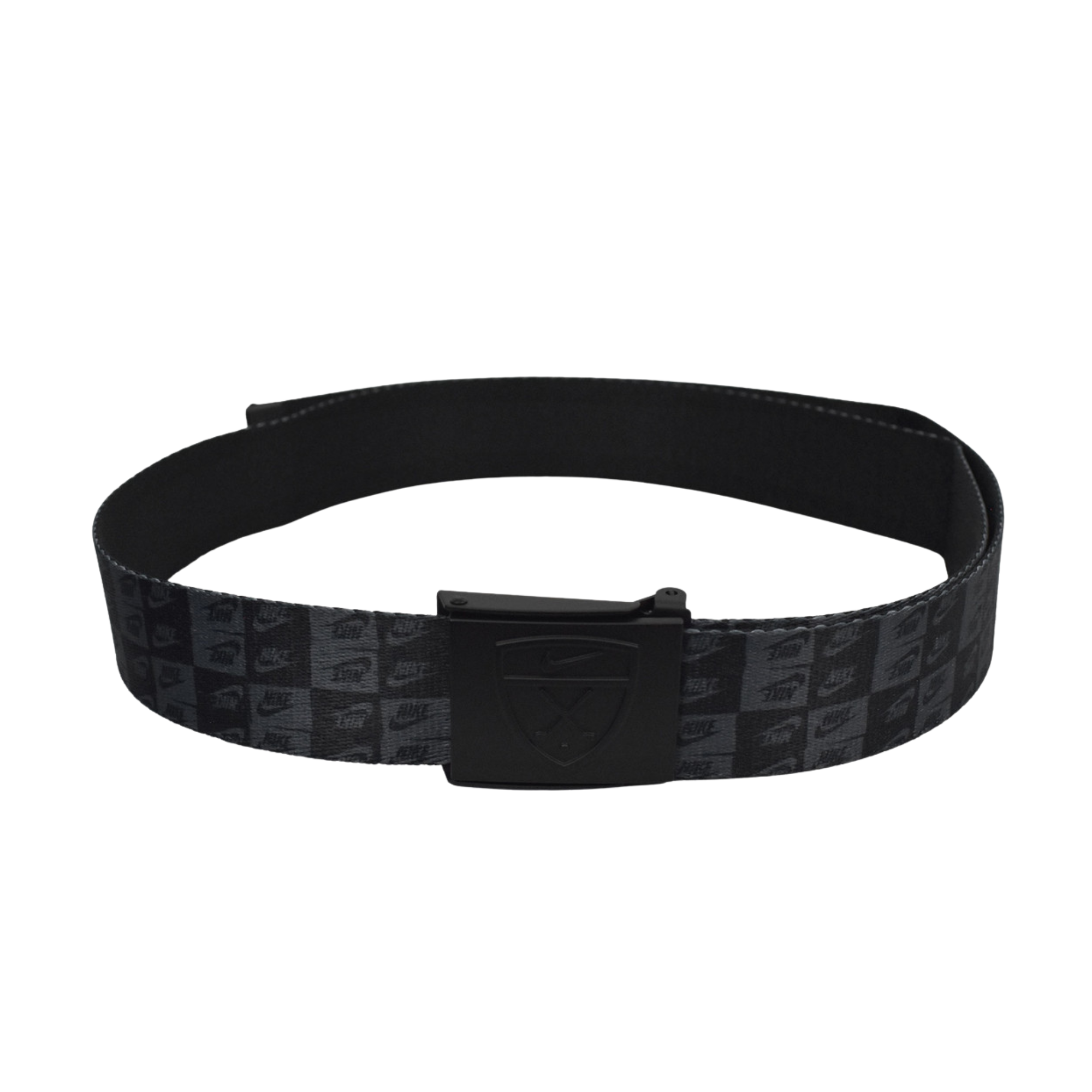 Black nike belt with a patterned strap on a white background