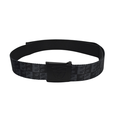 Black nike belt with a patterned strap on a white background